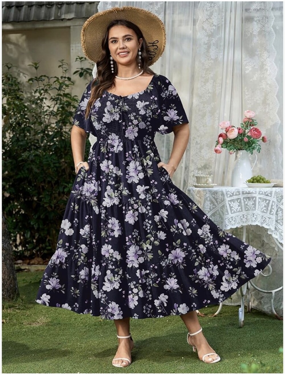 Plus Floral Maxi Dress in Navy with Lavender Blooms - Picture 2 of 4